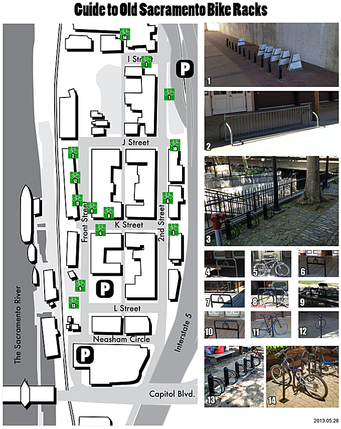 Map of Old Sacramento with designated bike rack locations marked in green. The right side displays various bike rack styles, emphasizing functionality and outdoor settings.