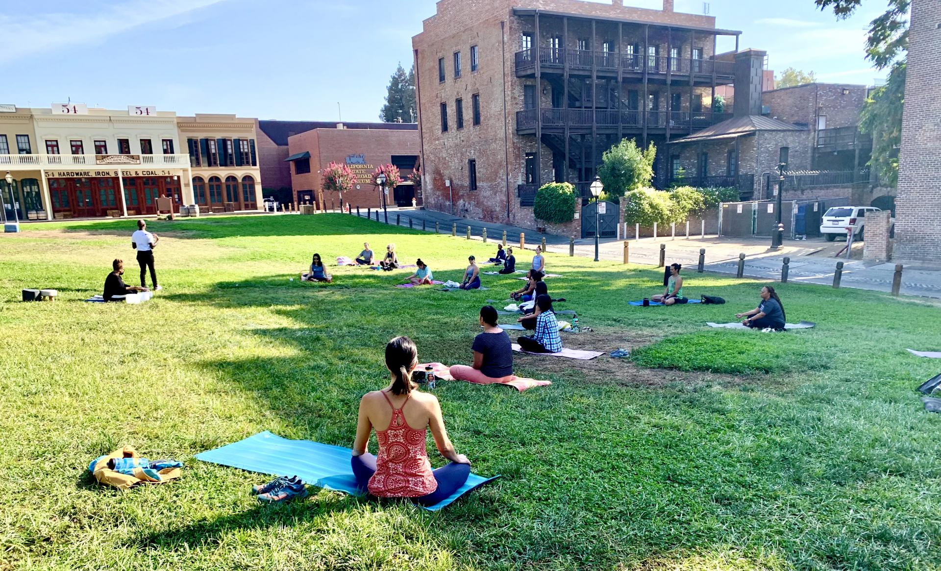 Group of people doing yoga on in a park.