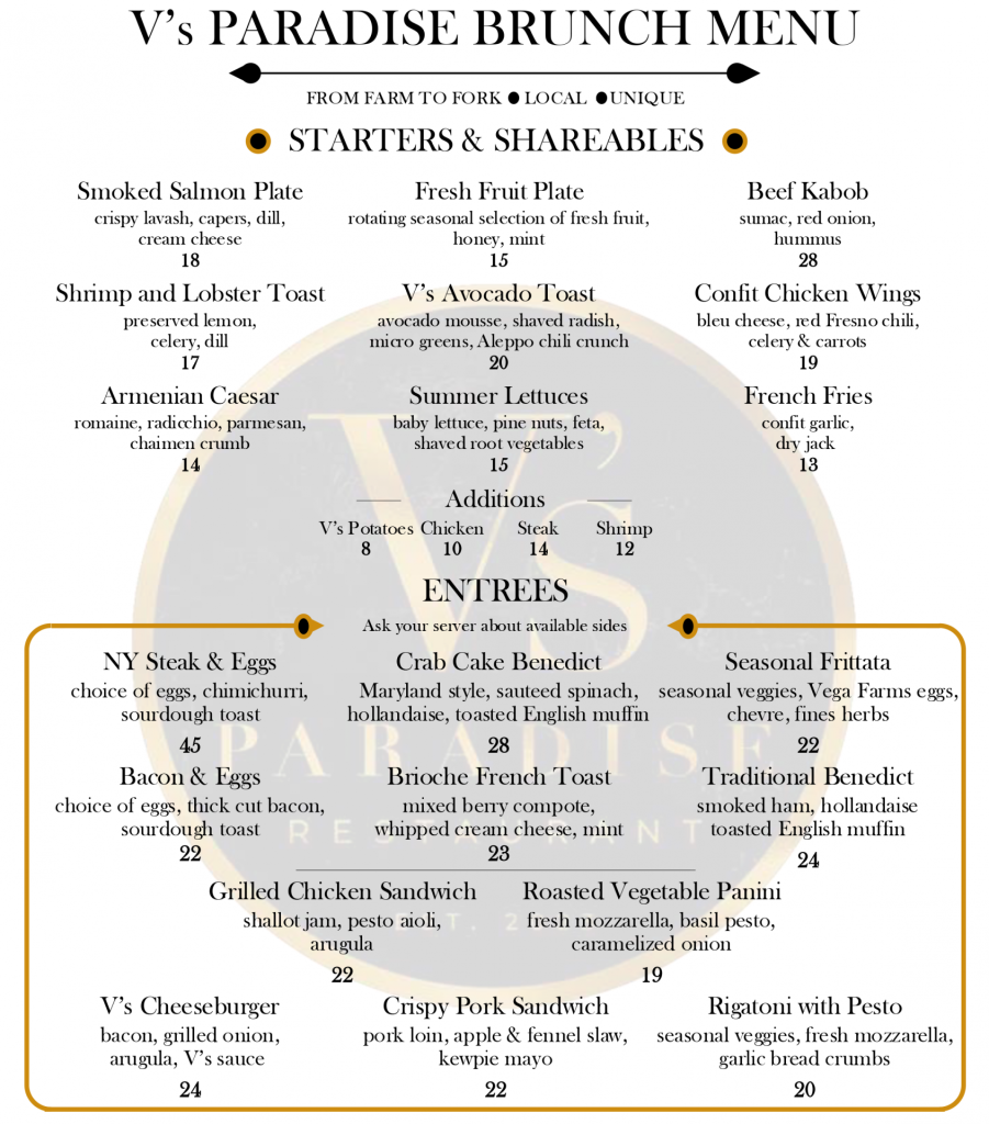 Alt text: V's Paradise Brunch Menu featuring "Starters & Shareables" such as Smoked Salmon Plate and V's Avocado Toast, and "Entrees" like NY Steak & Eggs and Seasonal Frittata, emphasizing local and unique offerings.